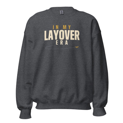 In My Layover Era flight attendant crewneck sweatshirt — Dark Heather, front