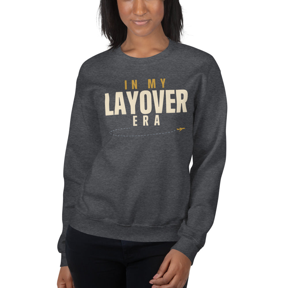 In My Layover Era flight attendant crewneck sweatshirt — Dark Heather, on model