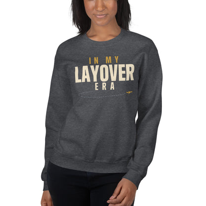 In My Layover Era flight attendant crewneck sweatshirt — Dark Heather, on model