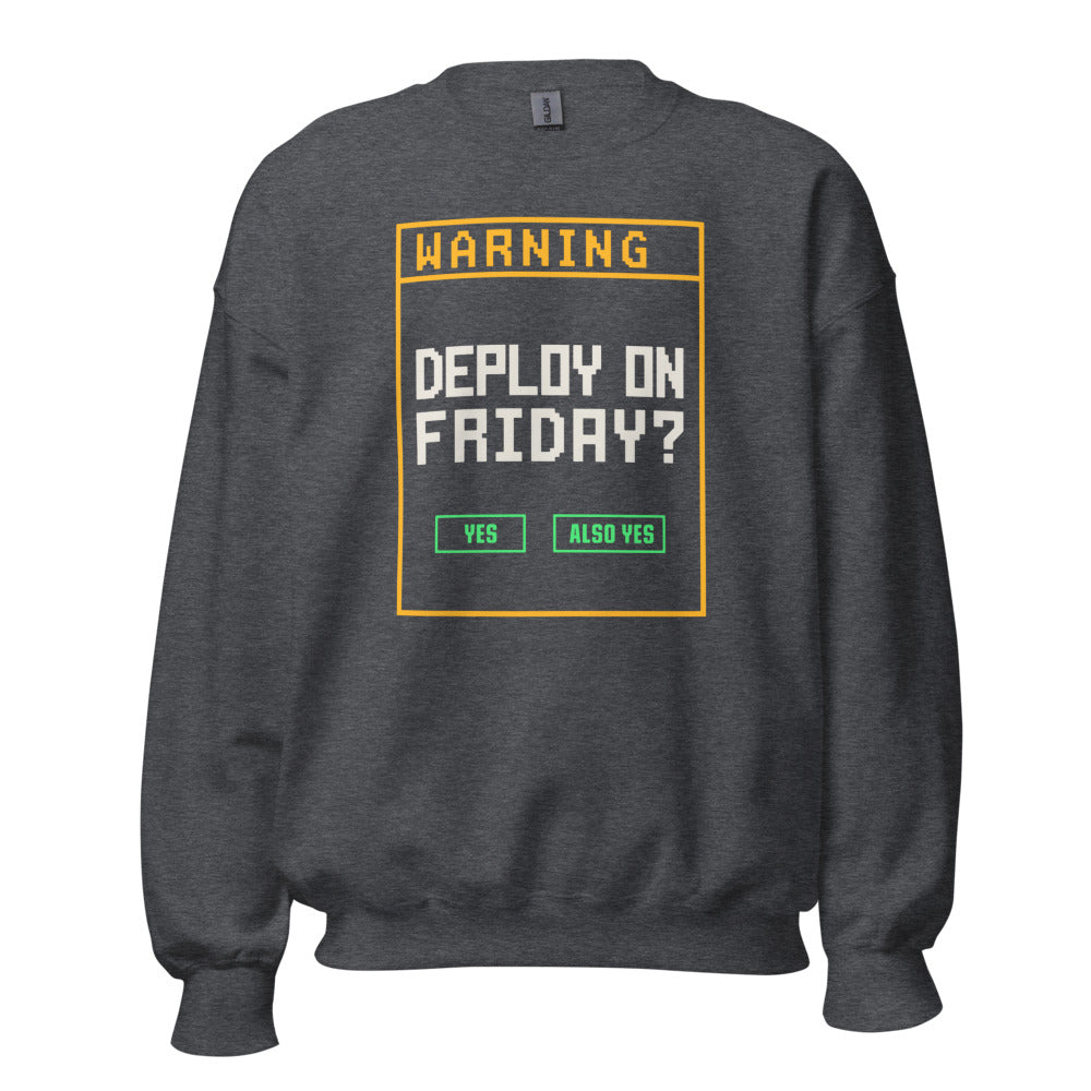 Deploy On Friday programmer crewneck — Dark Heather, front