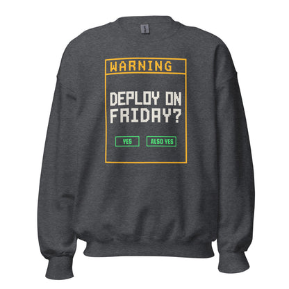 Deploy On Friday programmer crewneck — Dark Heather, front