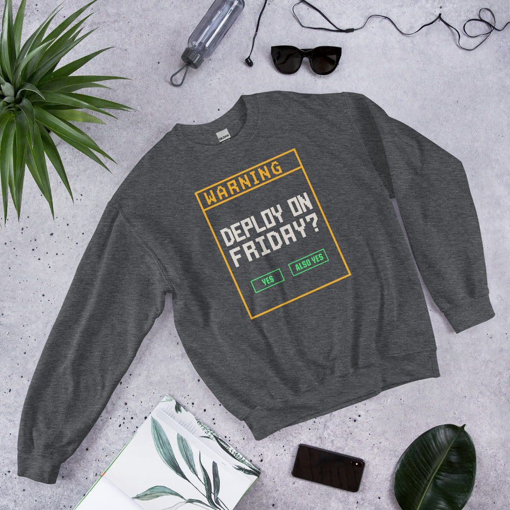 Deploy On Friday programmer crewneck — Dark Heather, front-right