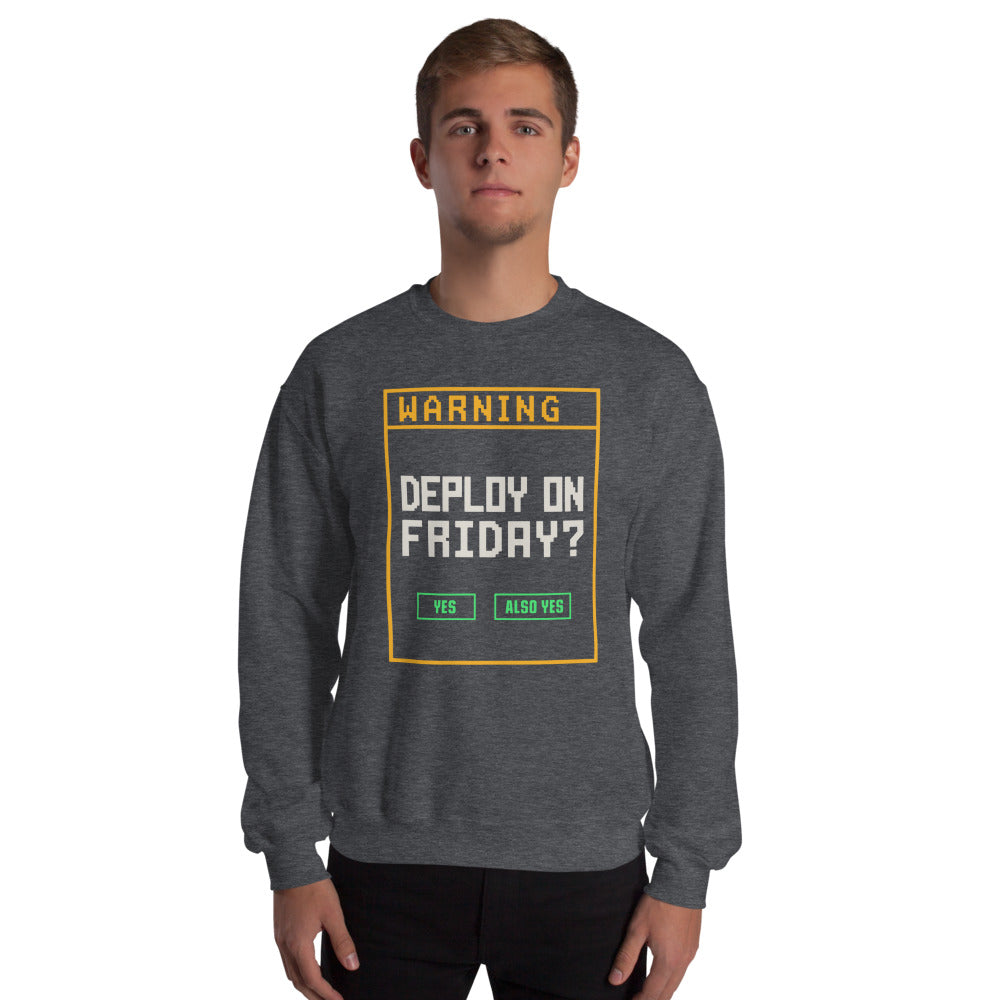 Deploy On Friday programmer crewneck — Dark Heather, on model