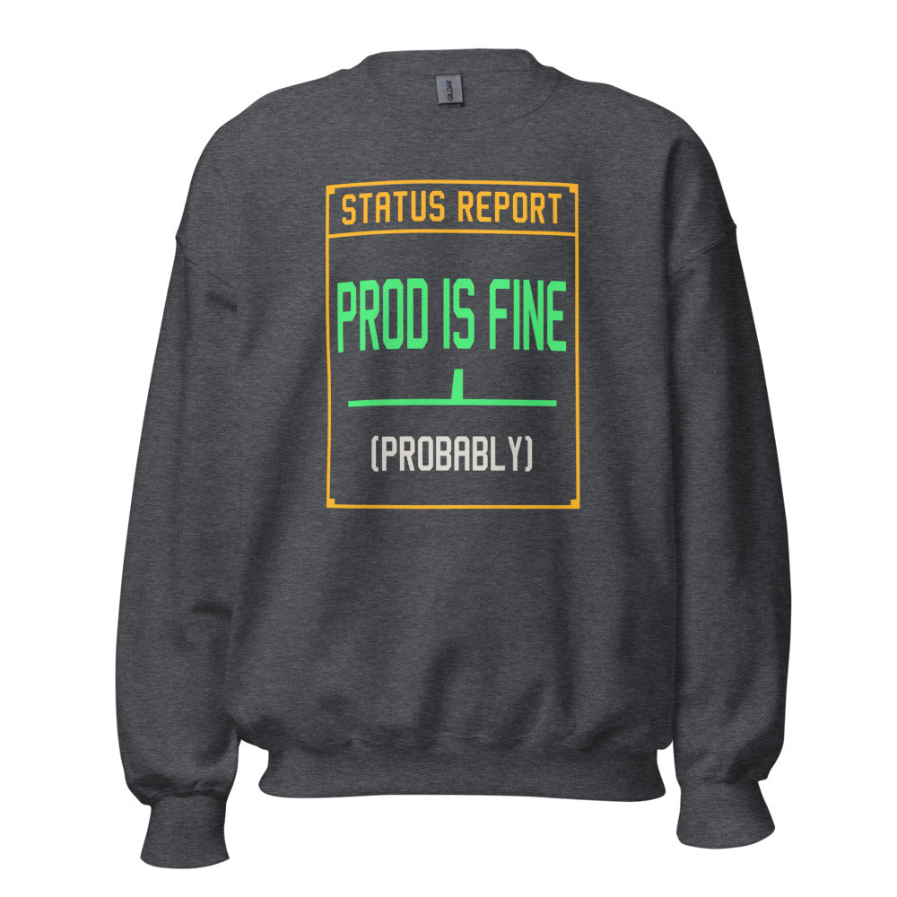 Prod Is Fine programmer crewneck — Dark Heather, front