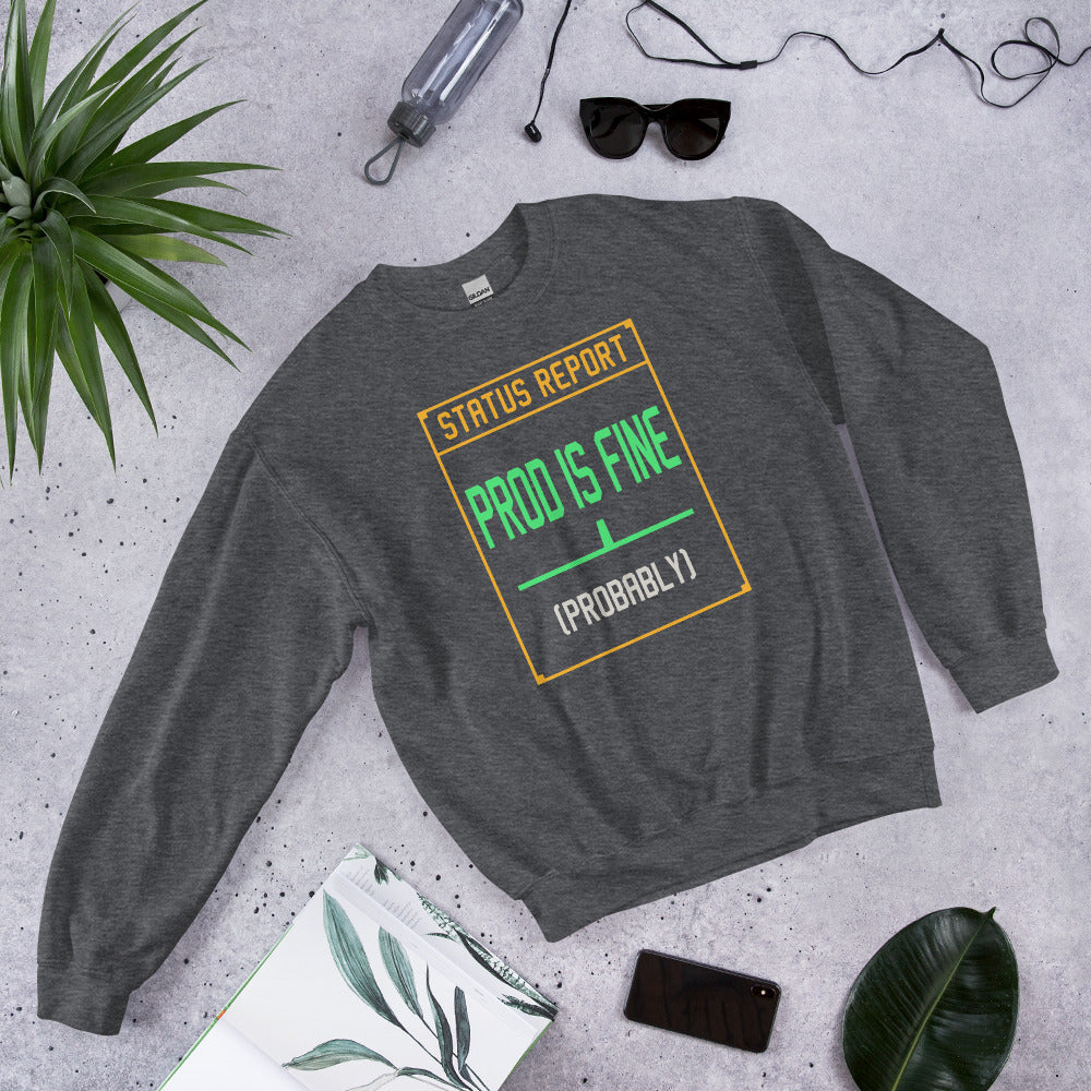 Prod Is Fine programmer crewneck — Dark Heather, front-right