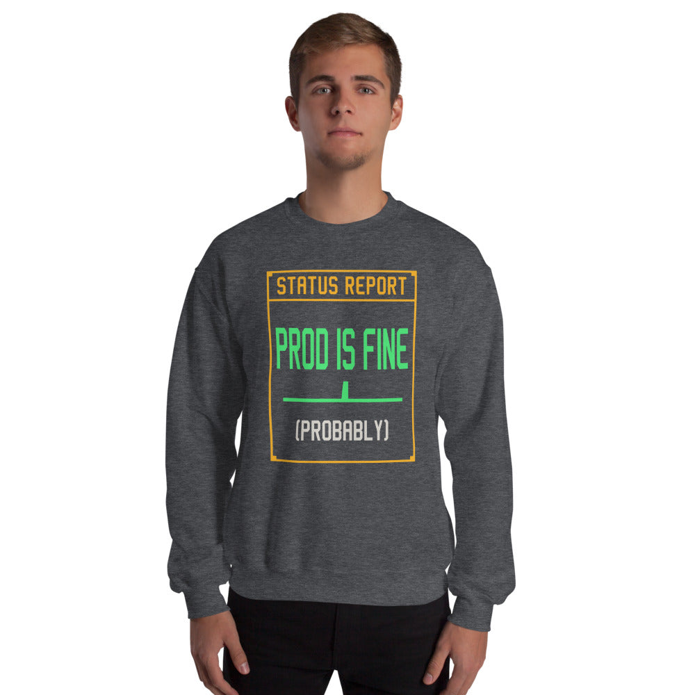 Prod Is Fine programmer crewneck — Dark Heather, on model