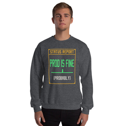 Prod Is Fine programmer crewneck — Dark Heather, on model