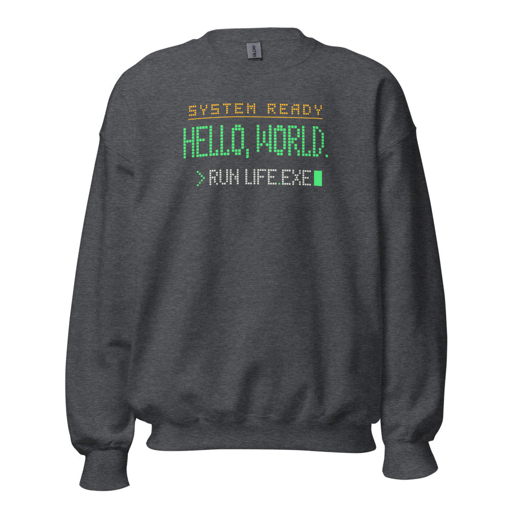 Hello World retro boot screen programmer crewneck sweatshirt — Dark Heather, front