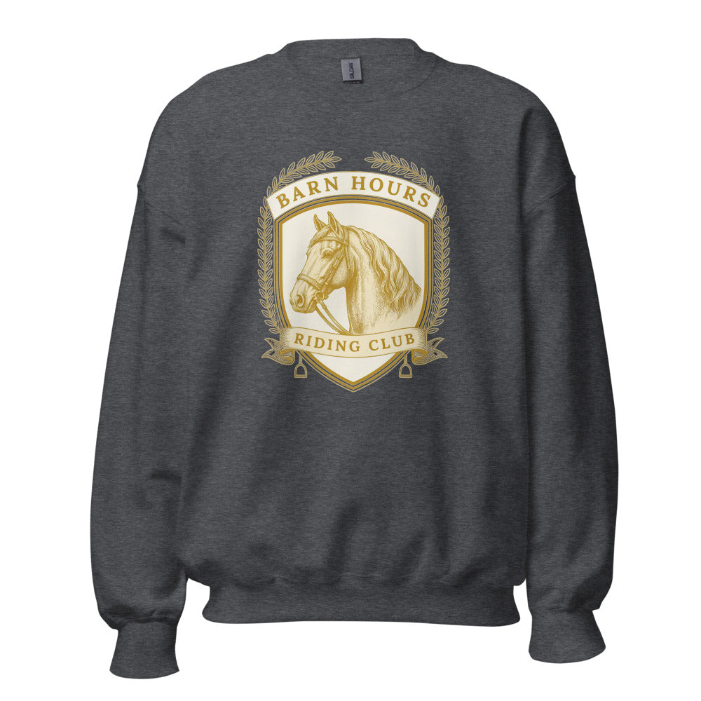 Barn Hours Riding Club vintage equestrian stable crest crewneck sweatshirt — Dark Heather, front