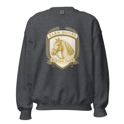 Barn Hours Riding Club vintage equestrian stable crest crewneck sweatshirt — Dark Heather, front