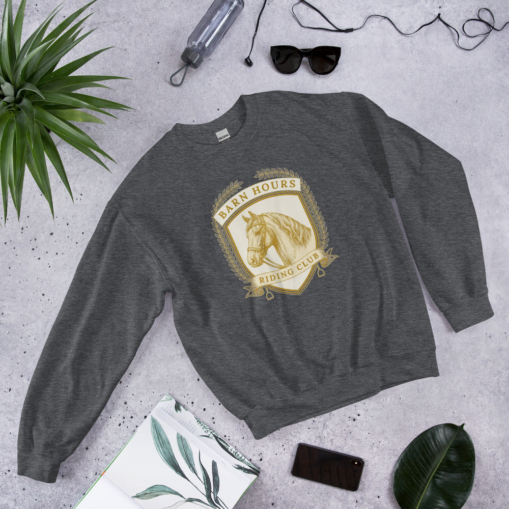 Barn Hours Riding Club vintage equestrian stable crest crewneck sweatshirt — Dark Heather, front-right
