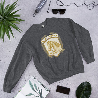 Barn Hours Riding Club vintage equestrian stable crest crewneck sweatshirt — Dark Heather, front-right
