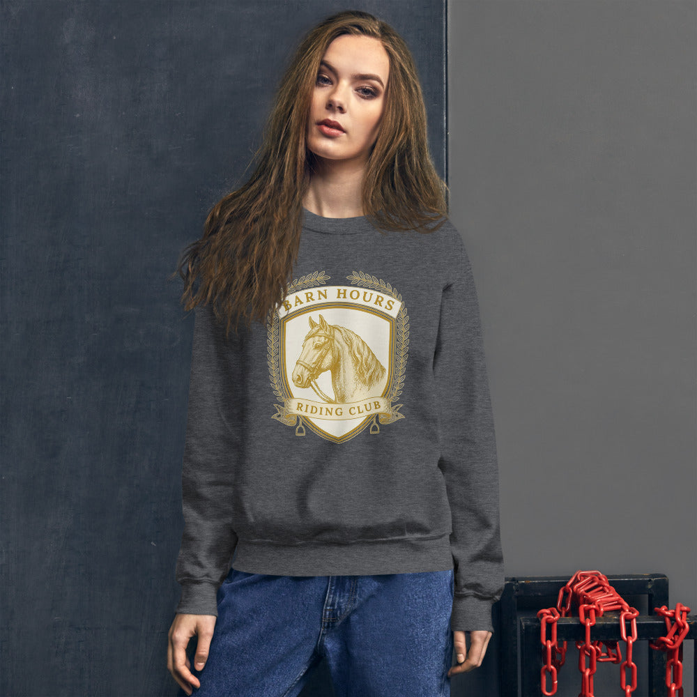 Barn Hours Riding Club vintage equestrian stable crest crewneck sweatshirt — Dark Heather, on model