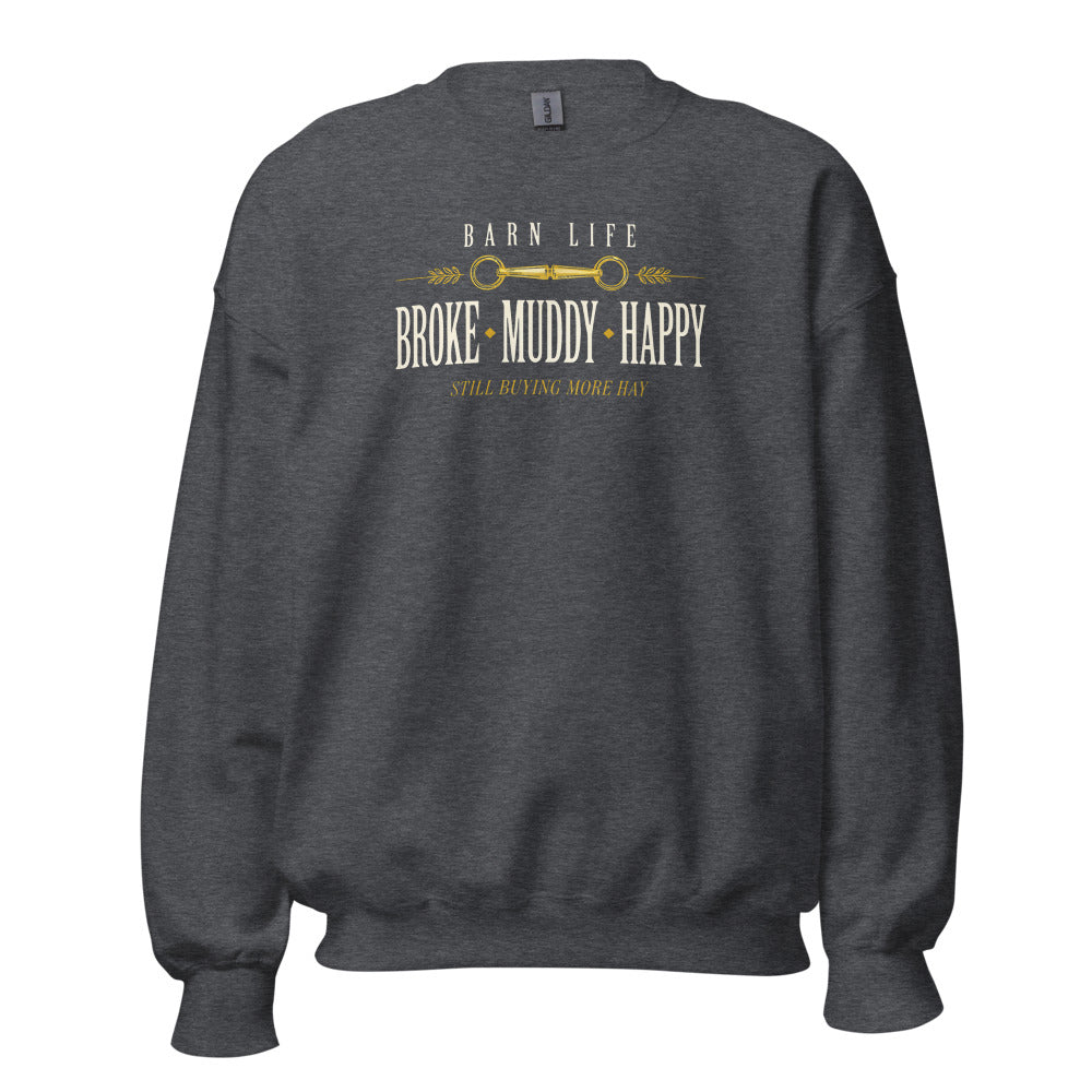 Broke Muddy Happy funny barn life equestrian crewneck sweatshirt — Dark Heather, front