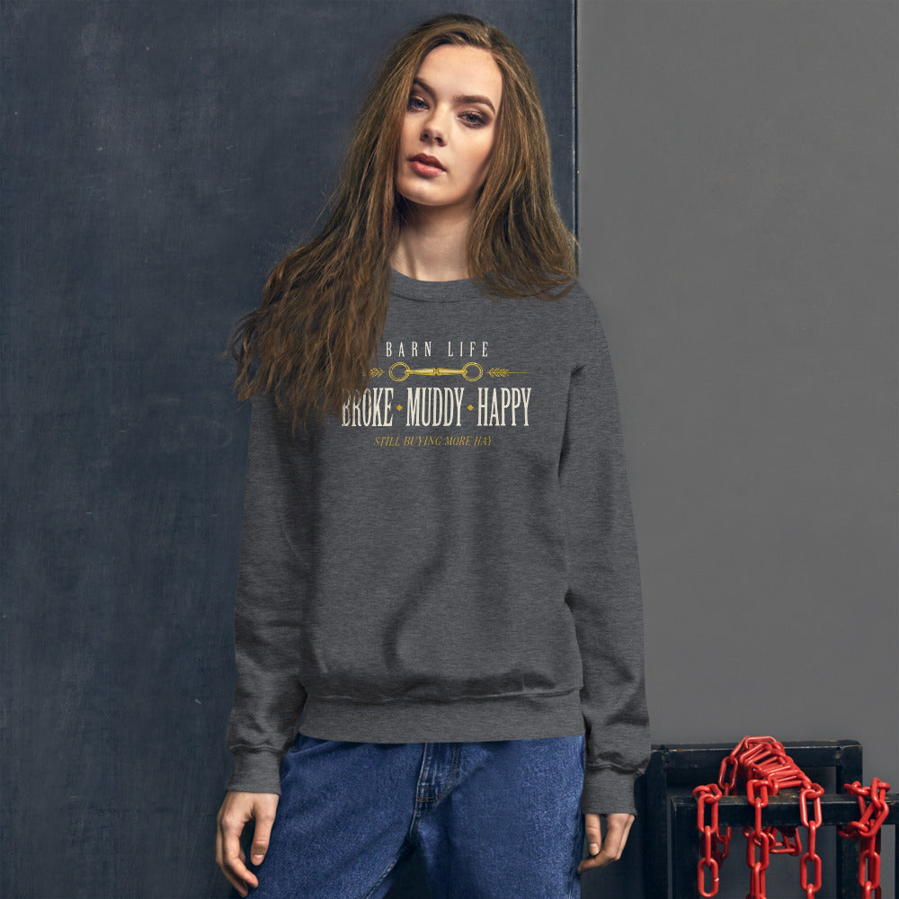 Broke Muddy Happy funny barn life equestrian crewneck sweatshirt — Dark Heather, on model