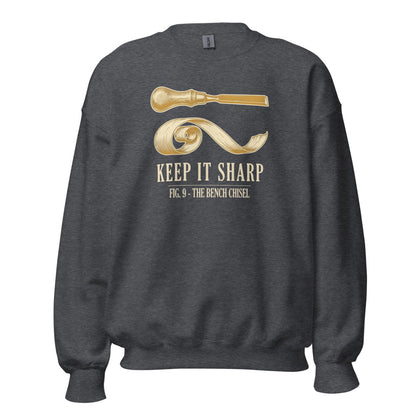 Keep It Sharp woodworking crewneck sweatshirt — Dark Heather, front