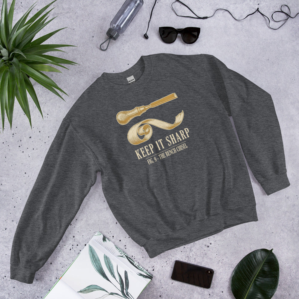 Keep It Sharp woodworking crewneck sweatshirt — Dark Heather, front-right