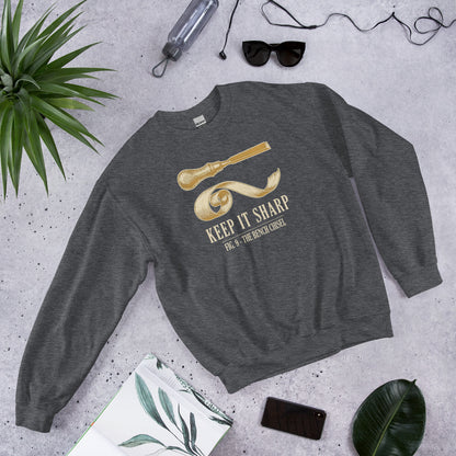 Keep It Sharp woodworking crewneck sweatshirt — Dark Heather, front-right