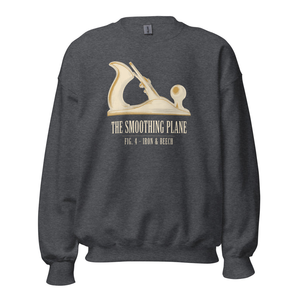Fig. 4 The Smoothing Plane woodworking crewneck sweatshirt — Dark Heather, front
