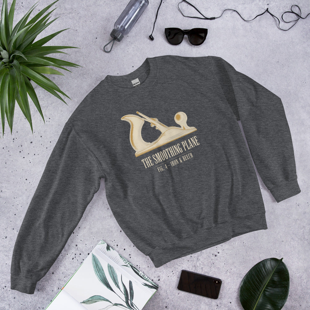 Fig. 4 The Smoothing Plane woodworking crewneck sweatshirt — Dark Heather, front-right