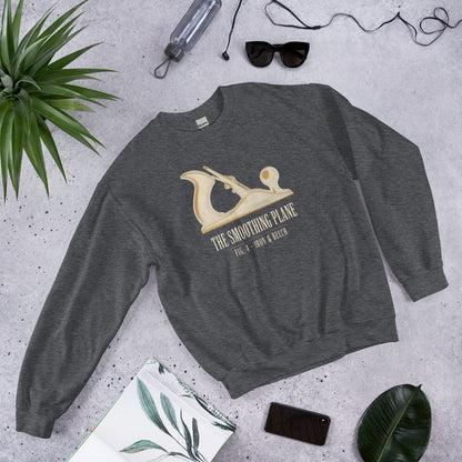 Fig. 4 The Smoothing Plane woodworking crewneck sweatshirt — Dark Heather, front-right