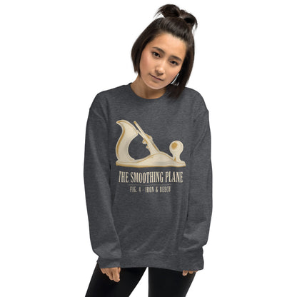 Fig. 4 The Smoothing Plane woodworking crewneck sweatshirt — Dark Heather, on model
