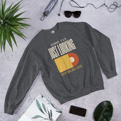 Just Looking Sixty Dollars Later vinyl record crewneck sweatshirt — Dark Heather, front-right