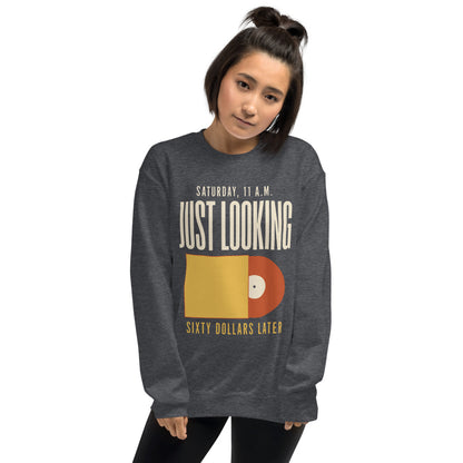 Just Looking Sixty Dollars Later vinyl record crewneck sweatshirt — Dark Heather, on model