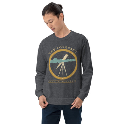 The Forecast Cloudy As Always funny astronomy crewneck sweatshirt — Dark Heather, on model