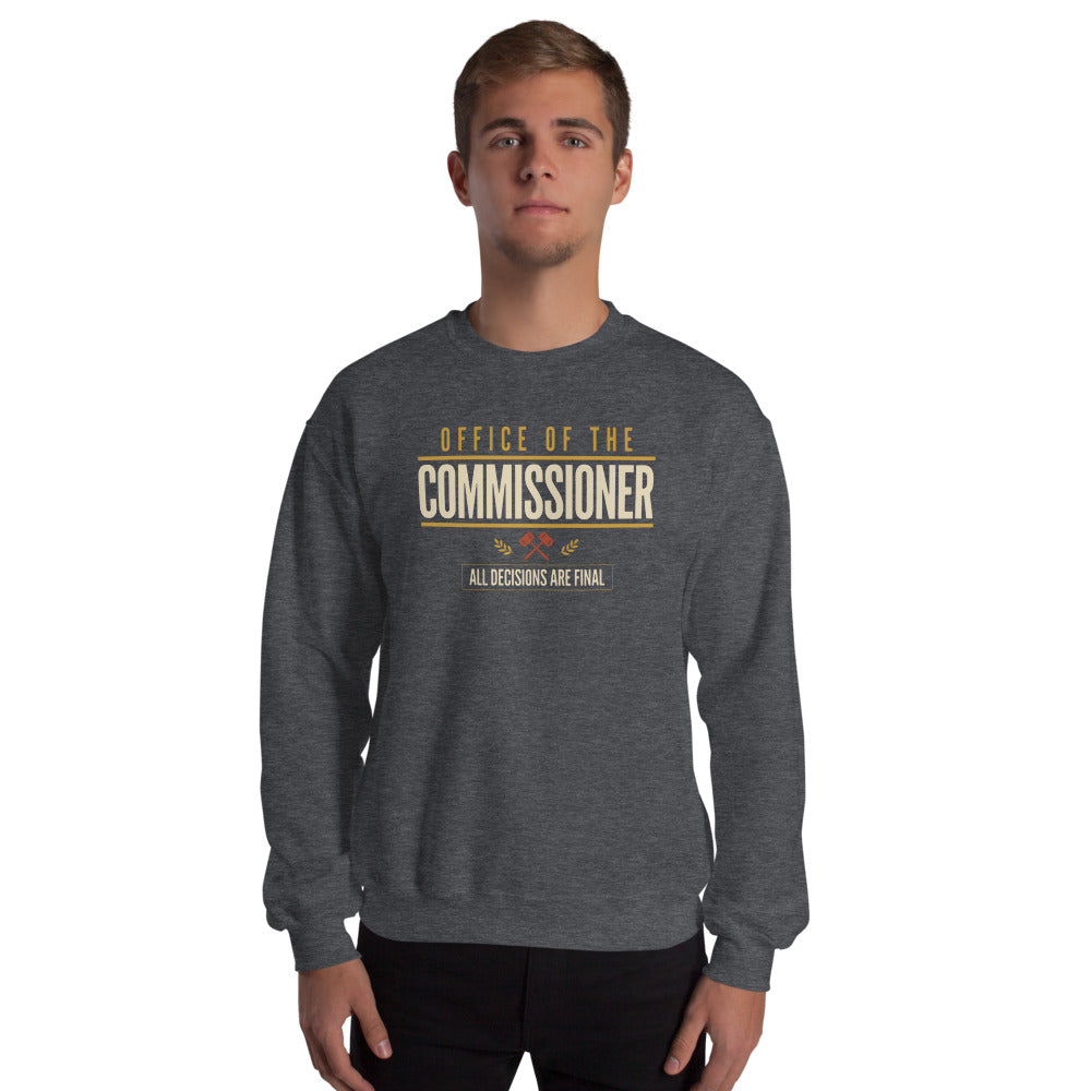 Office of the Commissioner fantasy football draft crewneck sweatshirt — Dark Heather, on model