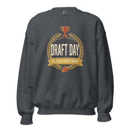 Draft Day Almanac vintage fantasy football champion crewneck sweatshirt — Dark Heather, front