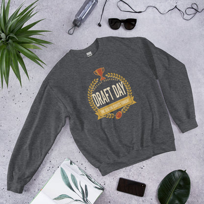 Draft Day Almanac vintage fantasy football champion crewneck sweatshirt — Dark Heather, front-right