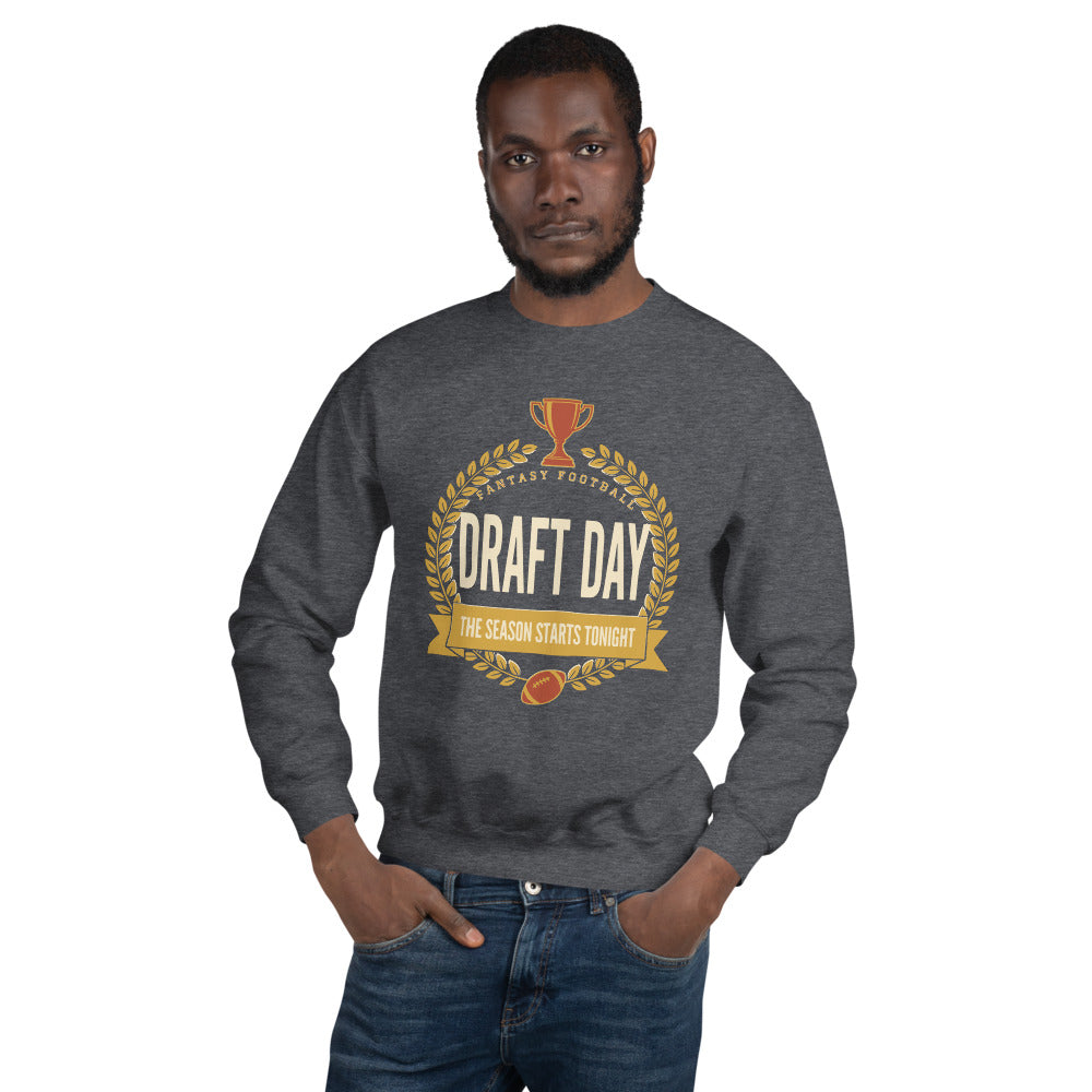 Draft Day Almanac vintage fantasy football champion crewneck sweatshirt — Dark Heather, on model