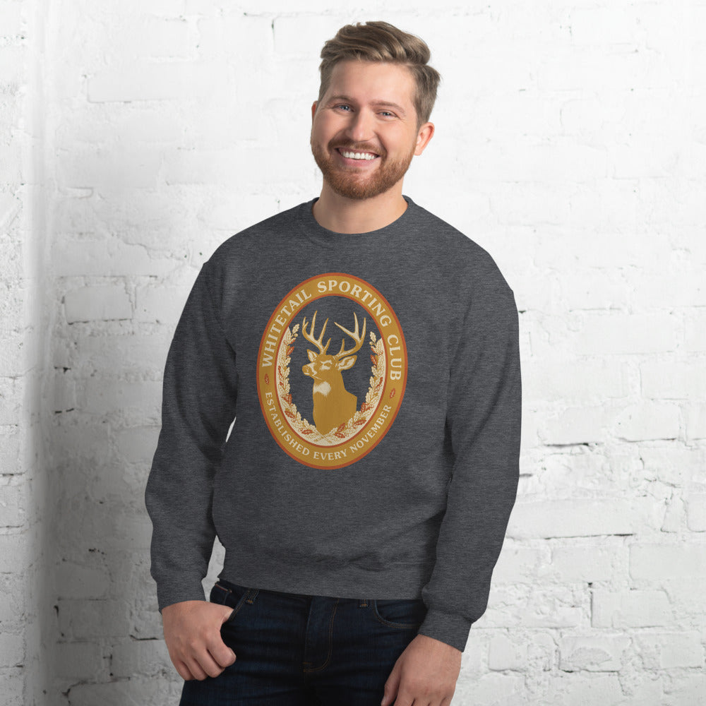 Whitetail Sporting Club vintage deer hunting crewneck sweatshirt — Dark Heather, on model