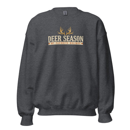 Deer Season My Favorite Holiday deer hunting crewneck sweatshirt — Dark Heather, front
