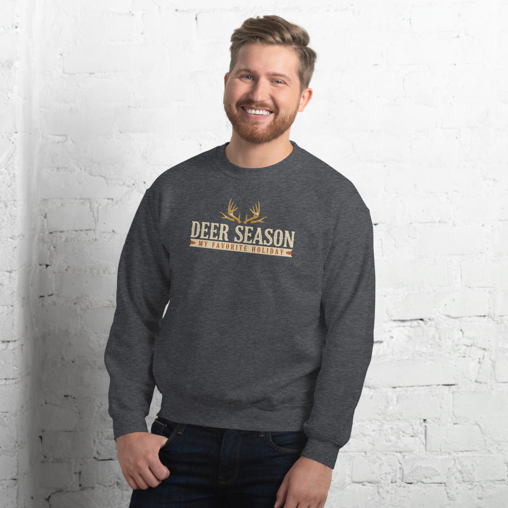 Deer Season My Favorite Holiday deer hunting crewneck sweatshirt — Dark Heather, on model