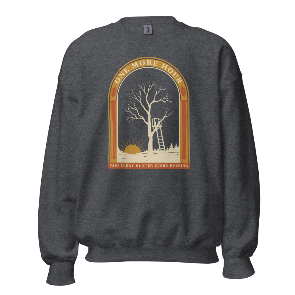 One More Hour funny deer hunting crewneck — Dark Heather, front