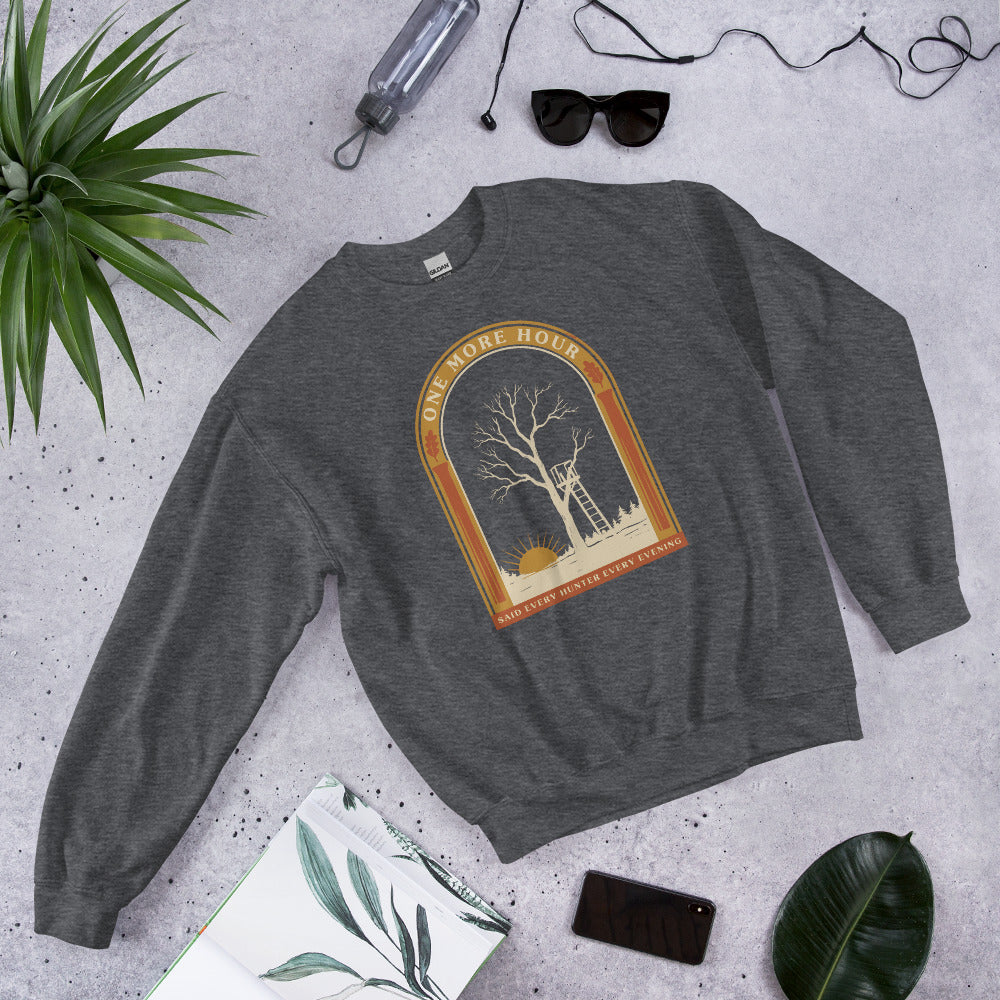 One More Hour funny deer hunting crewneck — Dark Heather, front-right