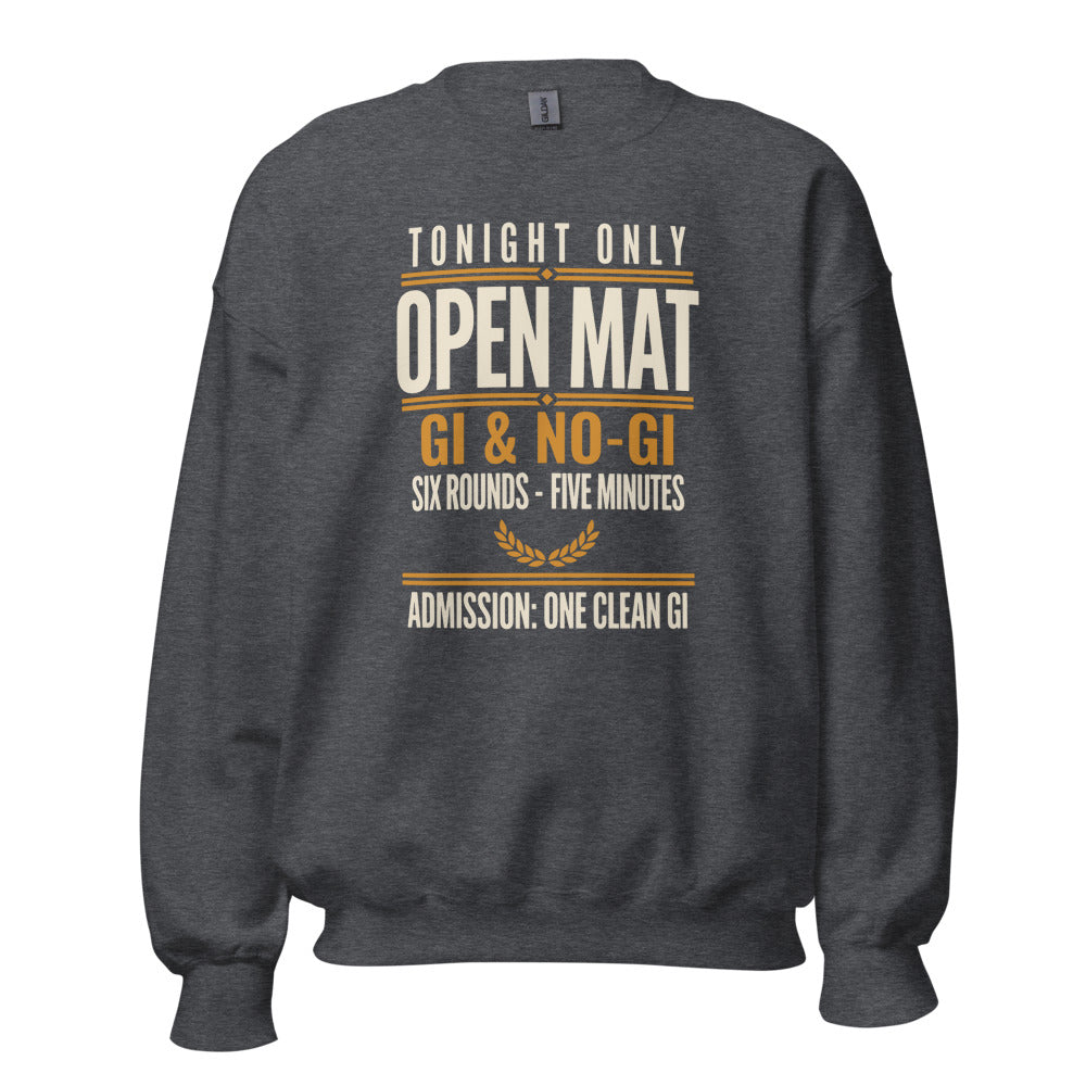 Open Mat Tonight Brazilian jiu jitsu crewneck sweatshirt — Dark Heather, front