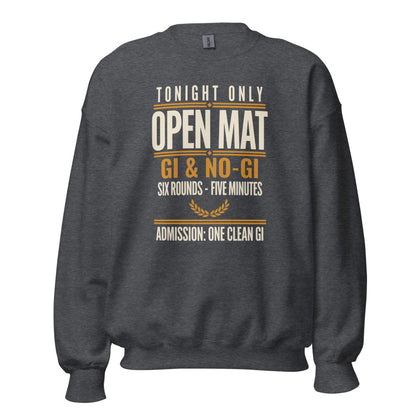 Open Mat Tonight Brazilian jiu jitsu crewneck sweatshirt — Dark Heather, front