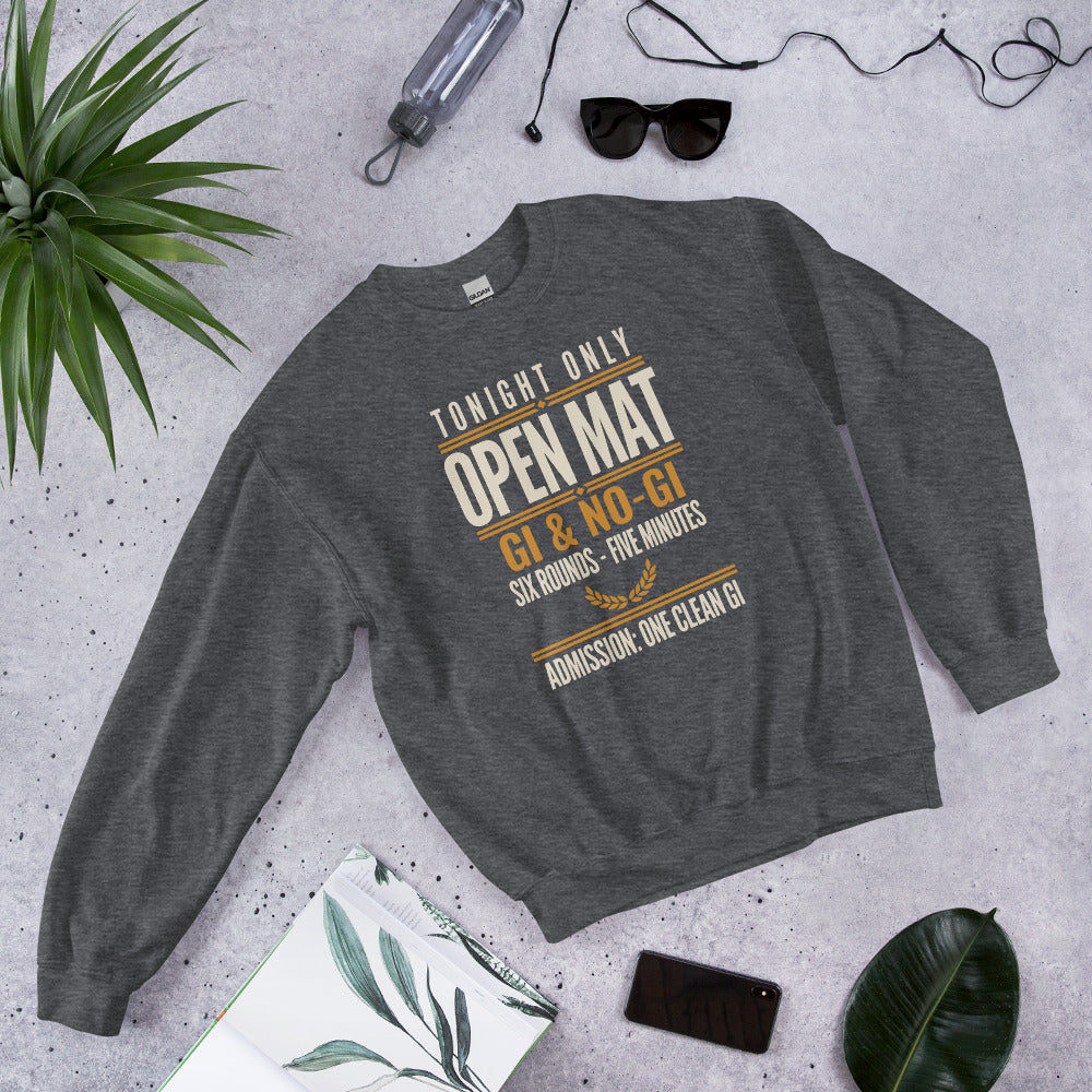 Open Mat Tonight Brazilian jiu jitsu crewneck sweatshirt — Dark Heather, front-right