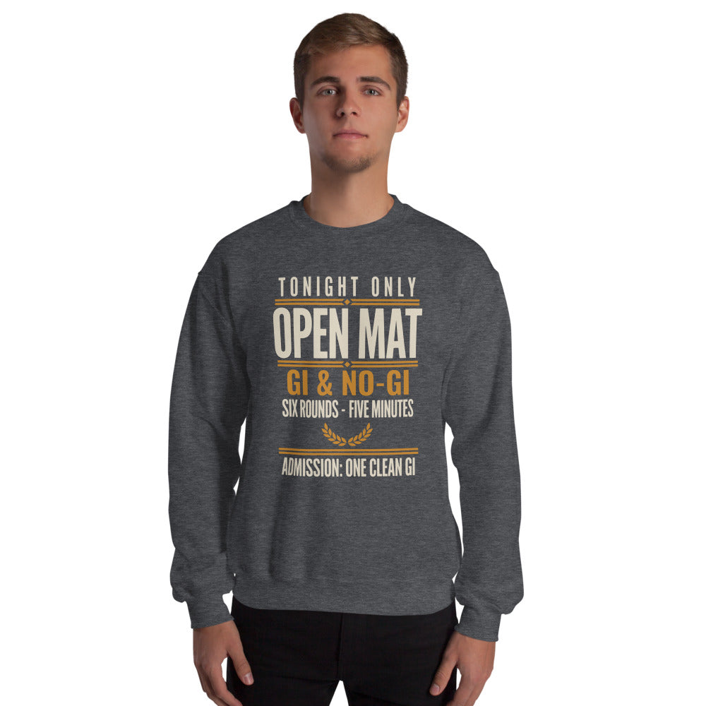 Open Mat Tonight Brazilian jiu jitsu crewneck sweatshirt — Dark Heather, on model
