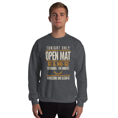 Open Mat Tonight Brazilian jiu jitsu crewneck sweatshirt — Dark Heather, on model