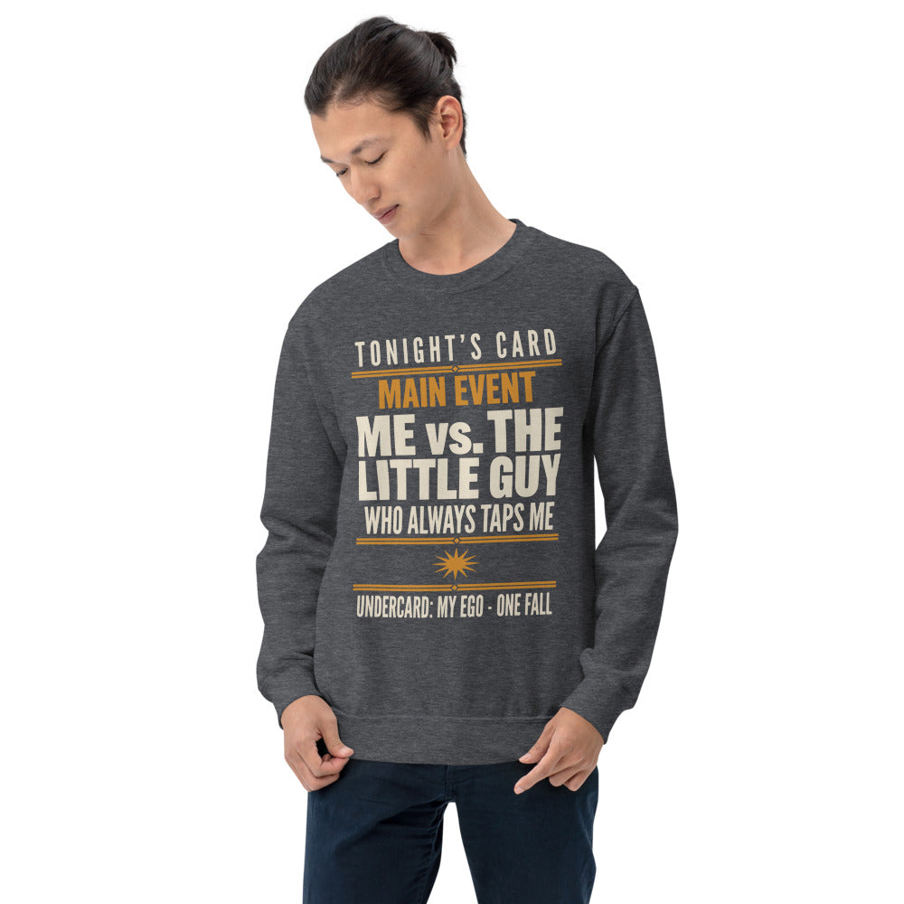 Tonight's Card funny Brazilian jiu jitsu crewneck sweatshirt — Dark Heather, on model