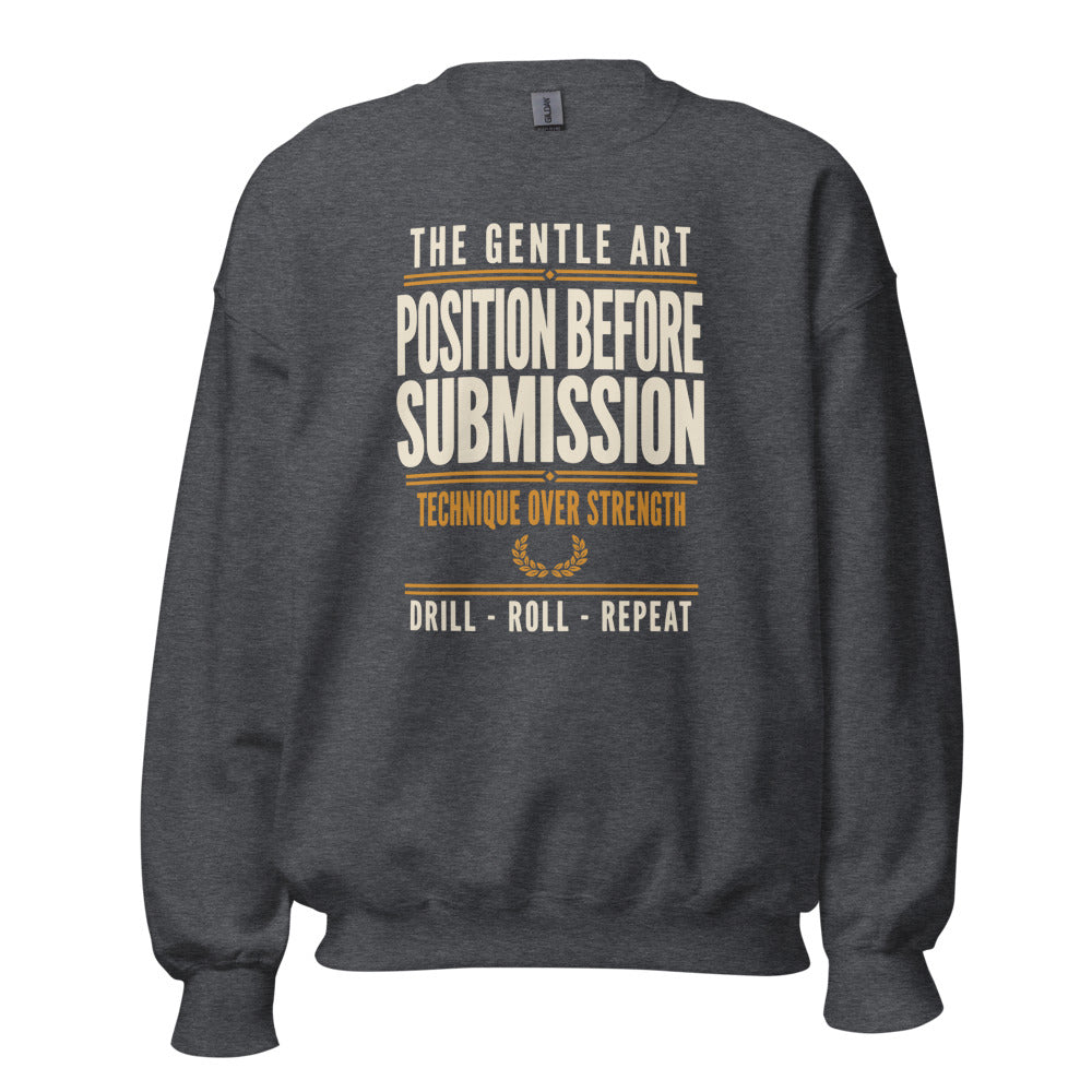 Position Before Submission Brazilian jiu jitsu sweatshirt — Dark Heather, front