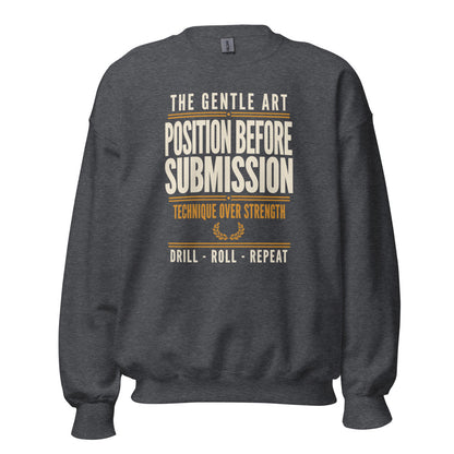 Position Before Submission Brazilian jiu jitsu sweatshirt — Dark Heather, front