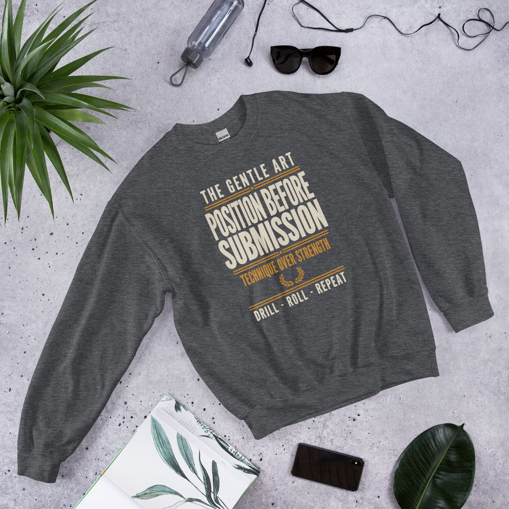 Position Before Submission Brazilian jiu jitsu sweatshirt — Dark Heather, front-right