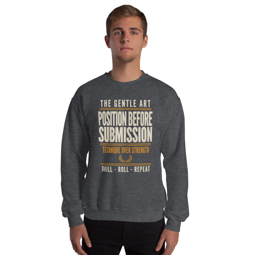 Position Before Submission Brazilian jiu jitsu sweatshirt — Dark Heather, on model