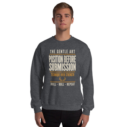 Position Before Submission Brazilian jiu jitsu sweatshirt — Dark Heather, on model
