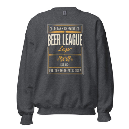 Beer League Cold Barn Brewing lager crewneck sweatshirt — Dark Heather, front